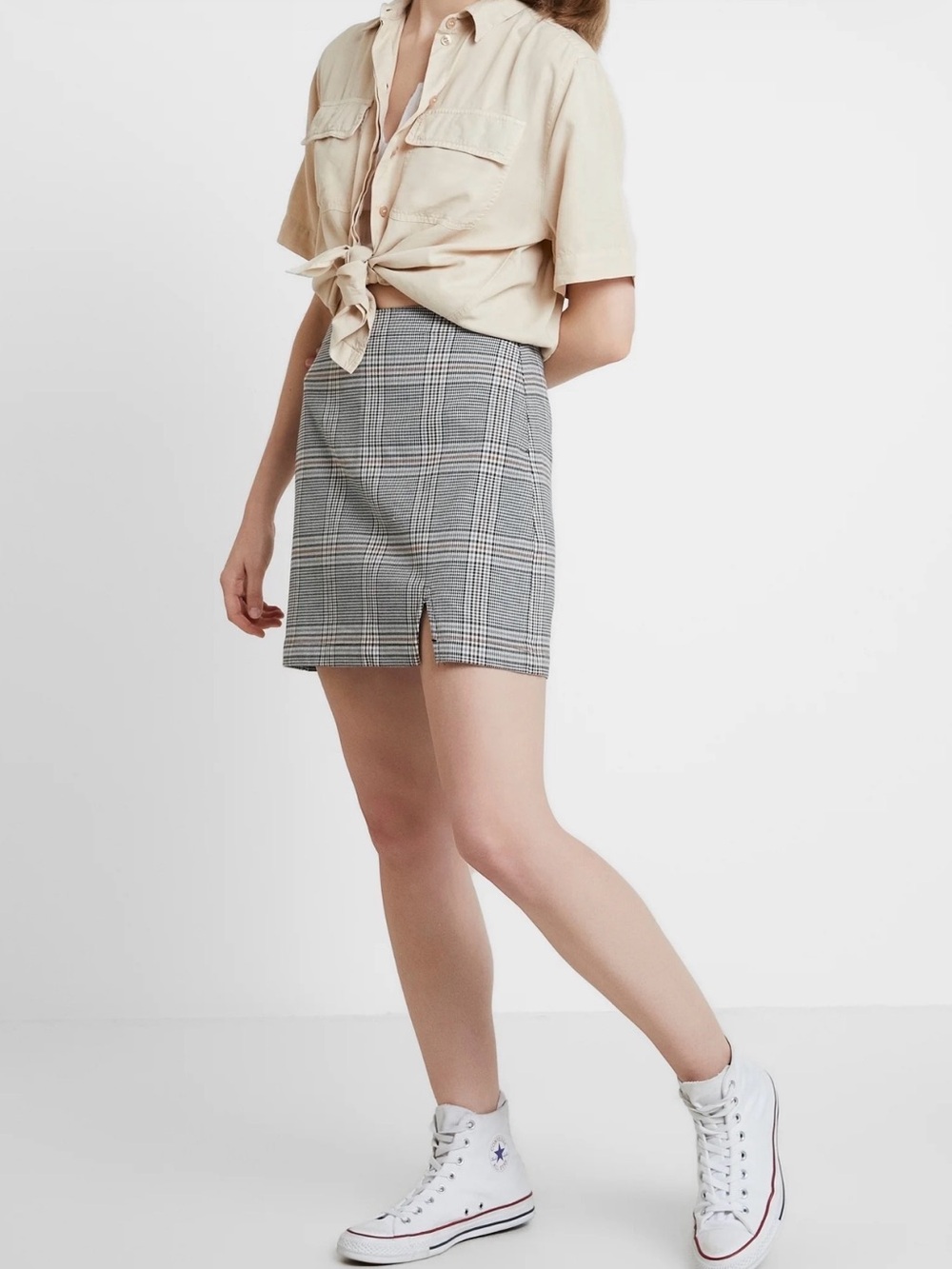 Hounds Tooth Plaid Mini Skirt with Front Slit Side Zipper Versatile Casual